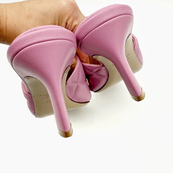 VALENTINO Roman Rockstud Pink Gold Heel Mule Size 37.5 Open Toe Quilted Leather - Picture 8 of 12